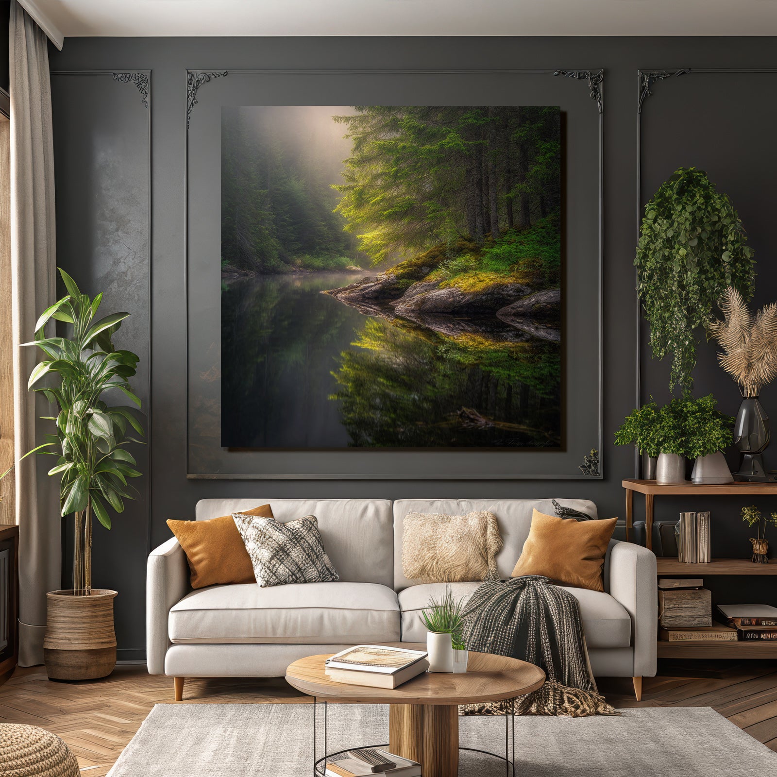 Forests and meadows, tranquil nature landscape with water and fog
