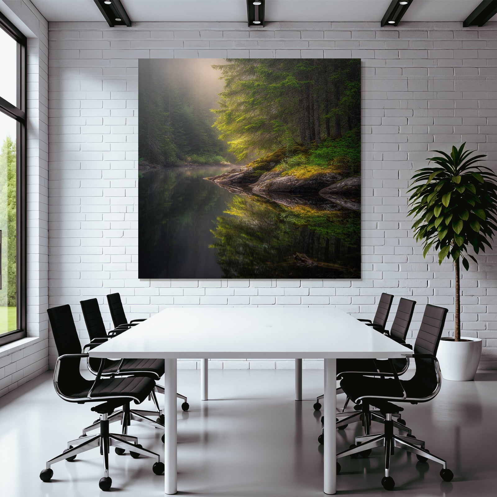 Forests and meadows, tranquil nature landscape with water and fog