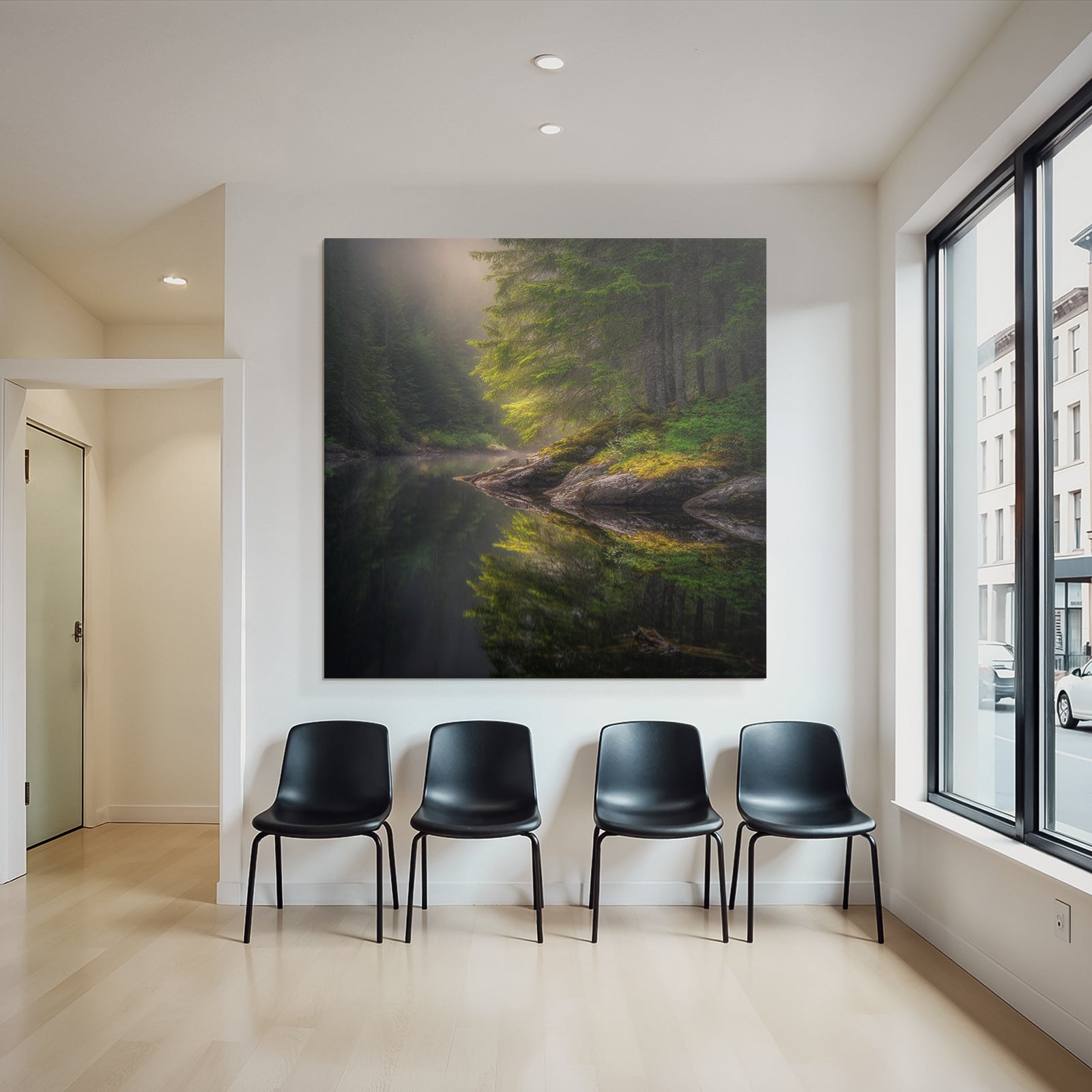 Forests and meadows, tranquil nature landscape with water and fog