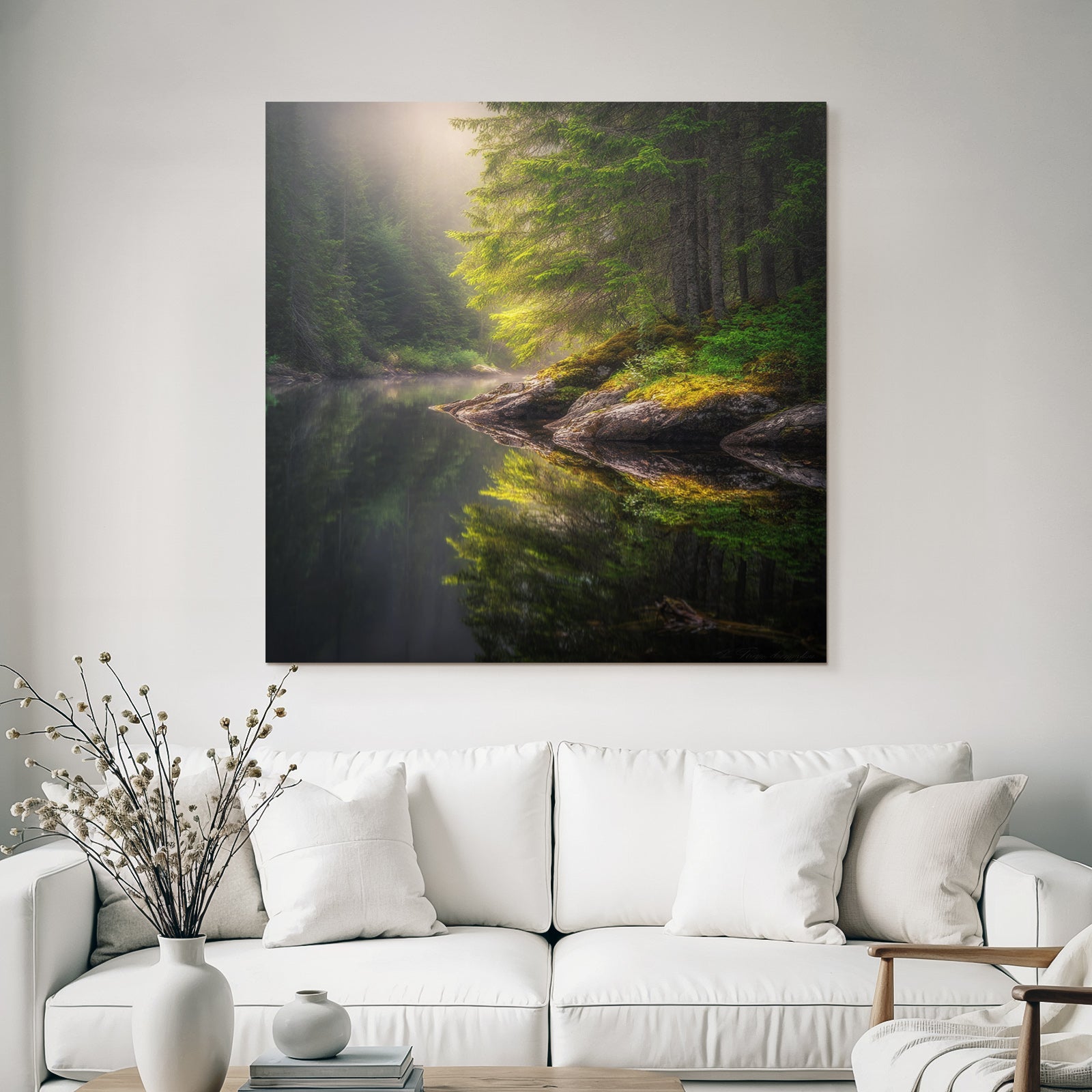 Forests and meadows, tranquil nature landscape with water and fog
