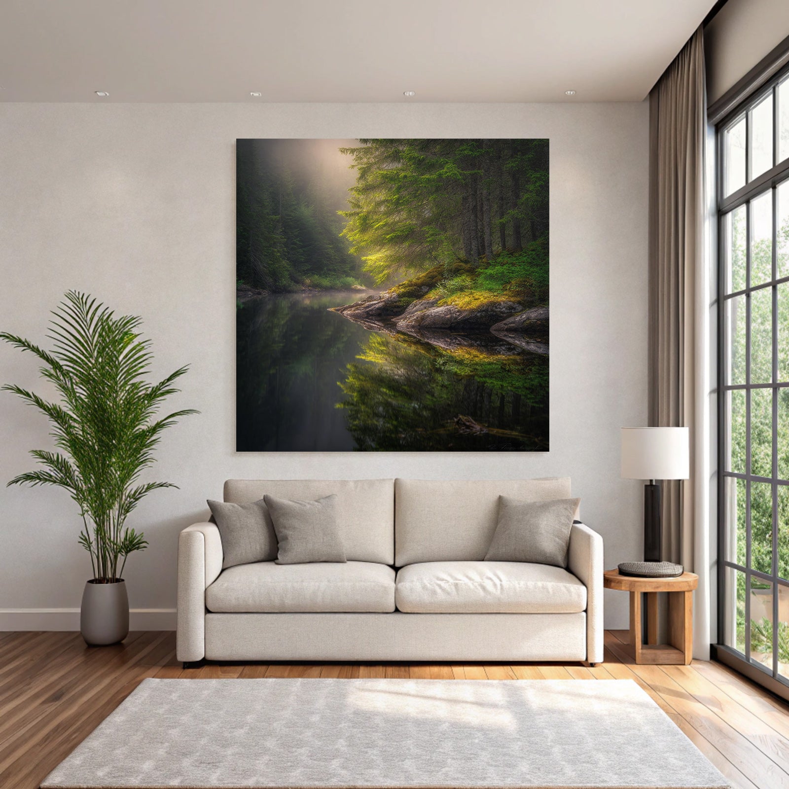 Forests and meadows, tranquil nature landscape with water and fog