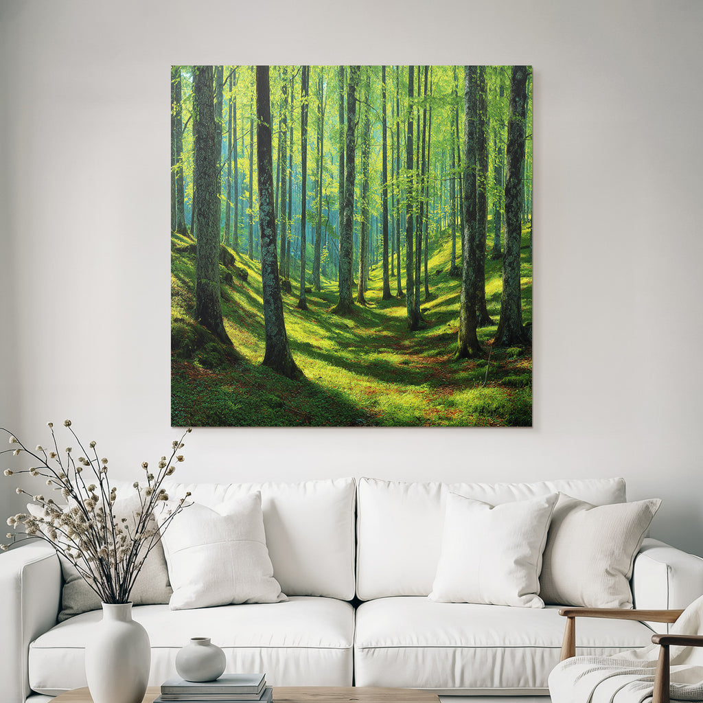 Forests and meadows Quiet forest with light through trees and grassy ground