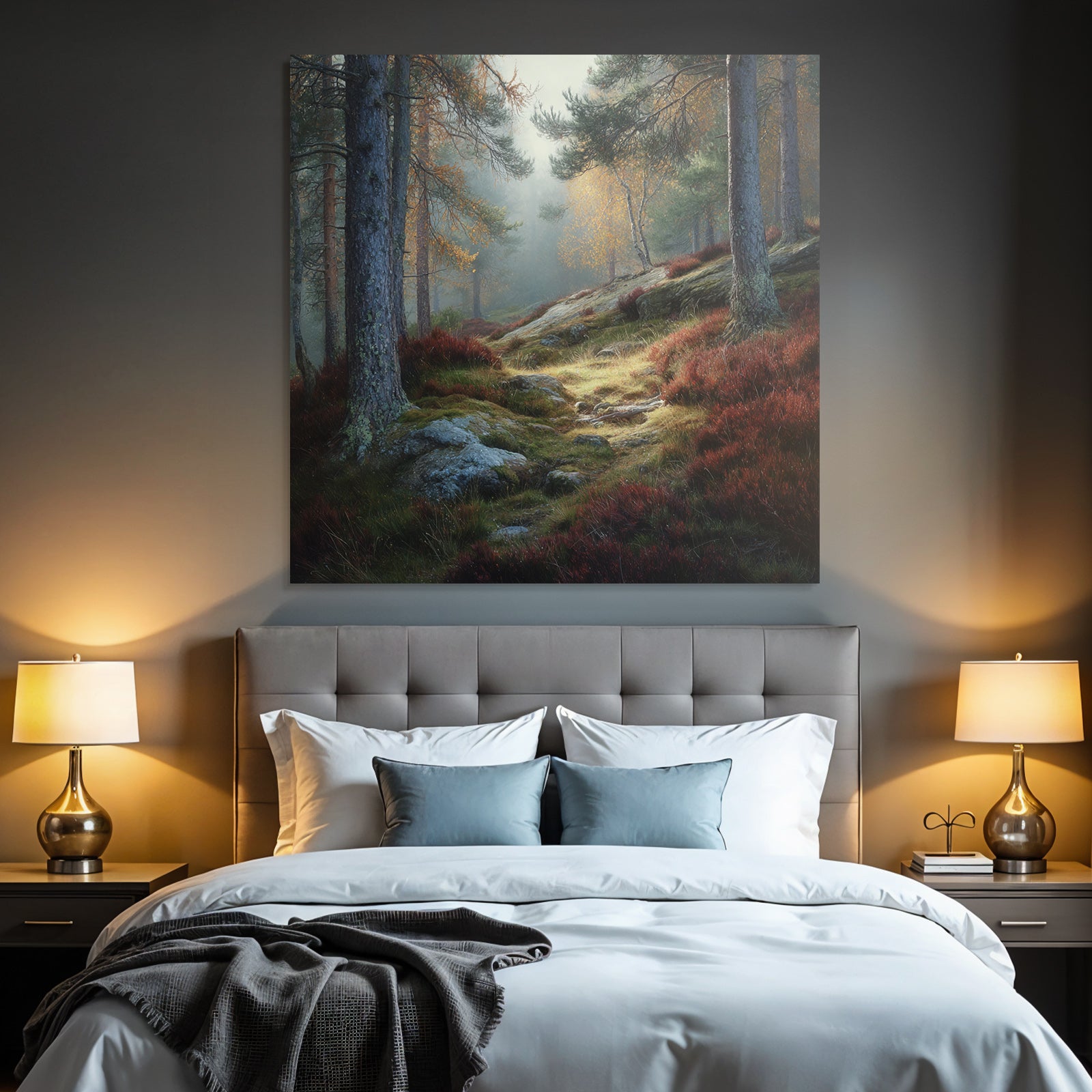 Forests and meadows. Peaceful forest landscape with autumn leaves and misty atmosphere.