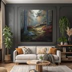 Forests and meadows. Peaceful forest landscape with autumn leaves and misty atmosphere.