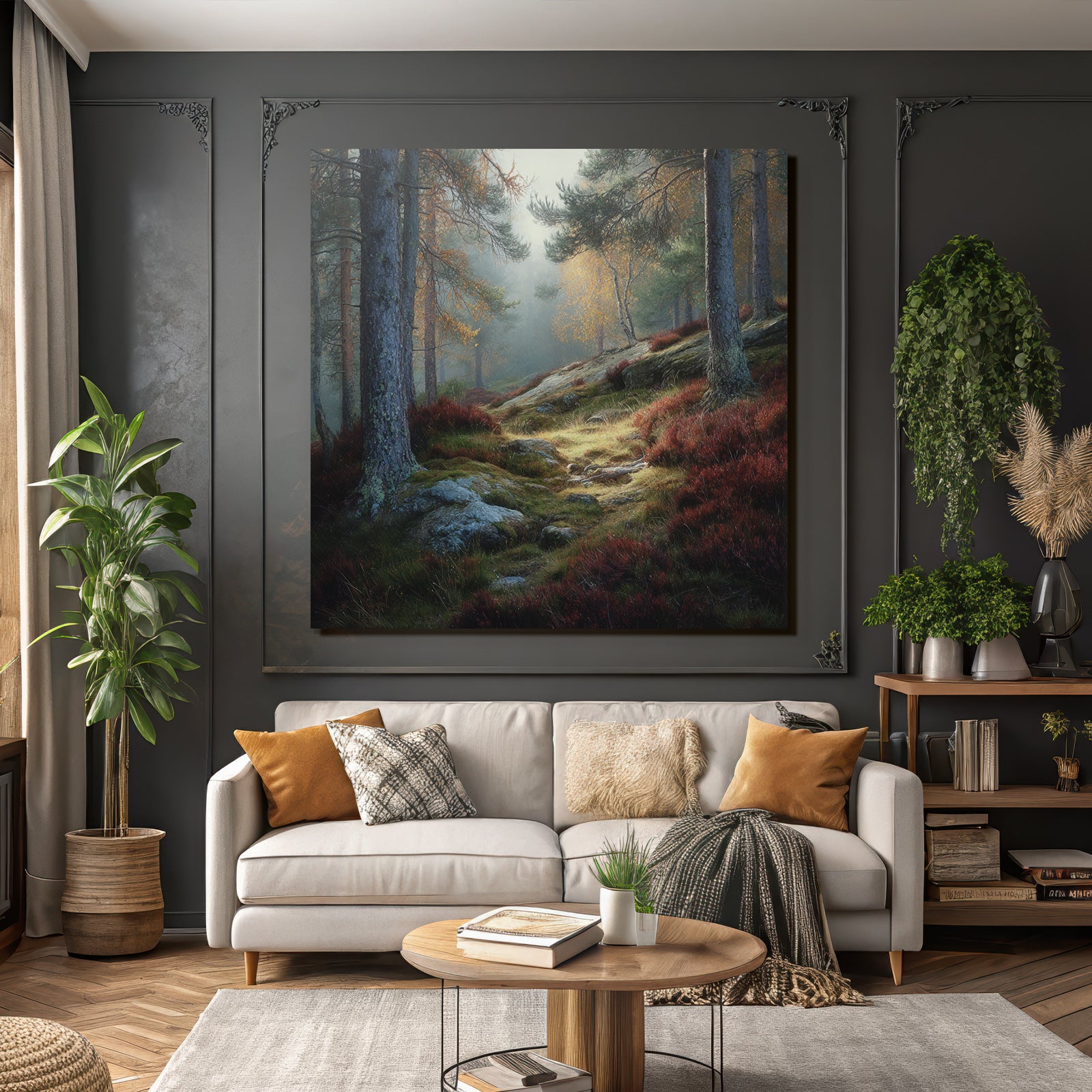 Forests and meadows. Peaceful forest landscape with autumn leaves and misty atmosphere.