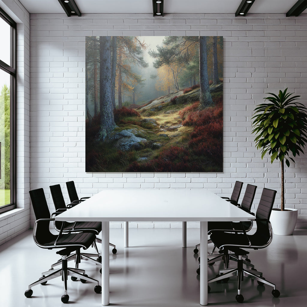 Forests and meadows. Peaceful forest landscape with autumn leaves and misty atmosphere.