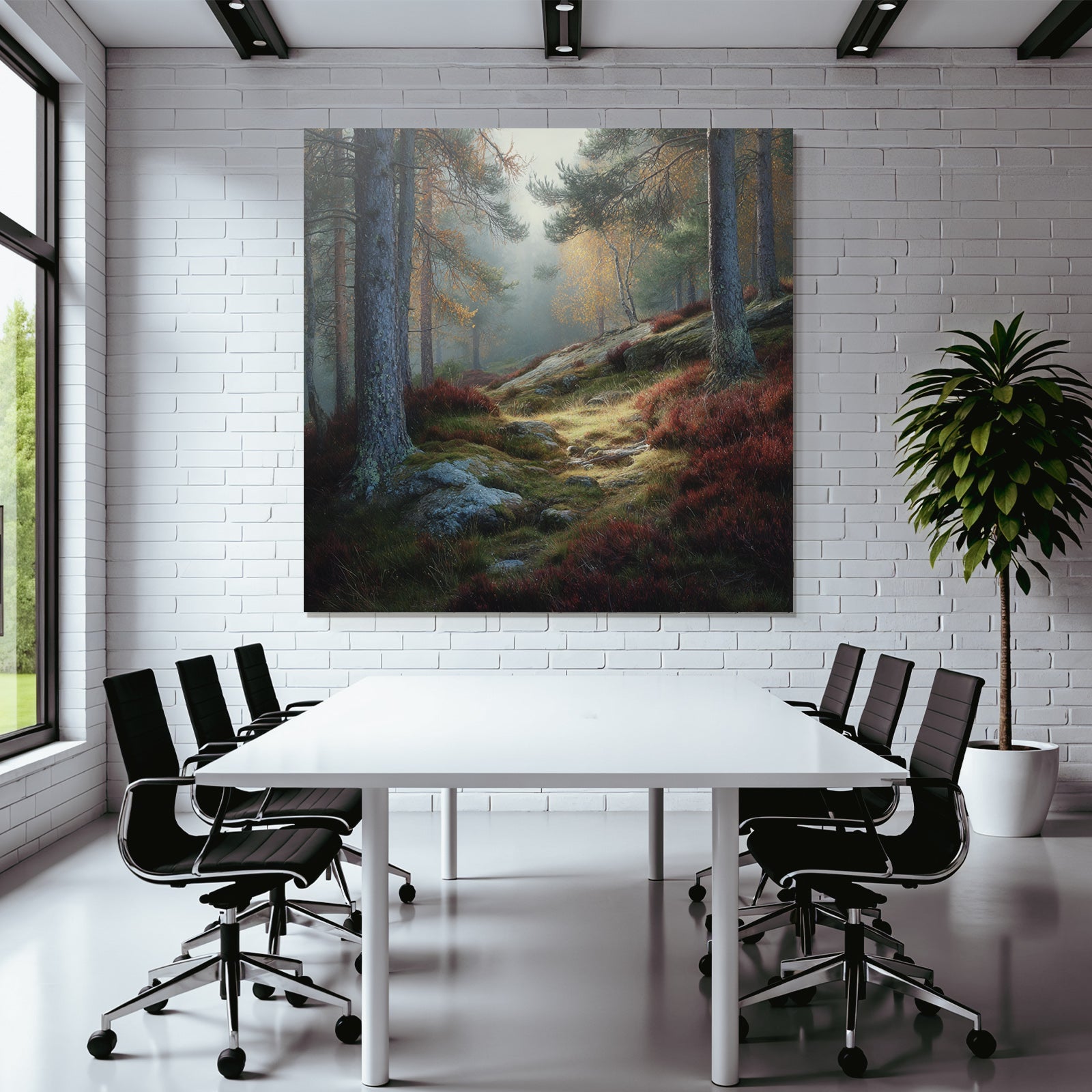 Forests and meadows. Peaceful forest landscape with autumn leaves and misty atmosphere.