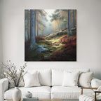 Forests and meadows. Peaceful forest landscape with autumn leaves and misty atmosphere.