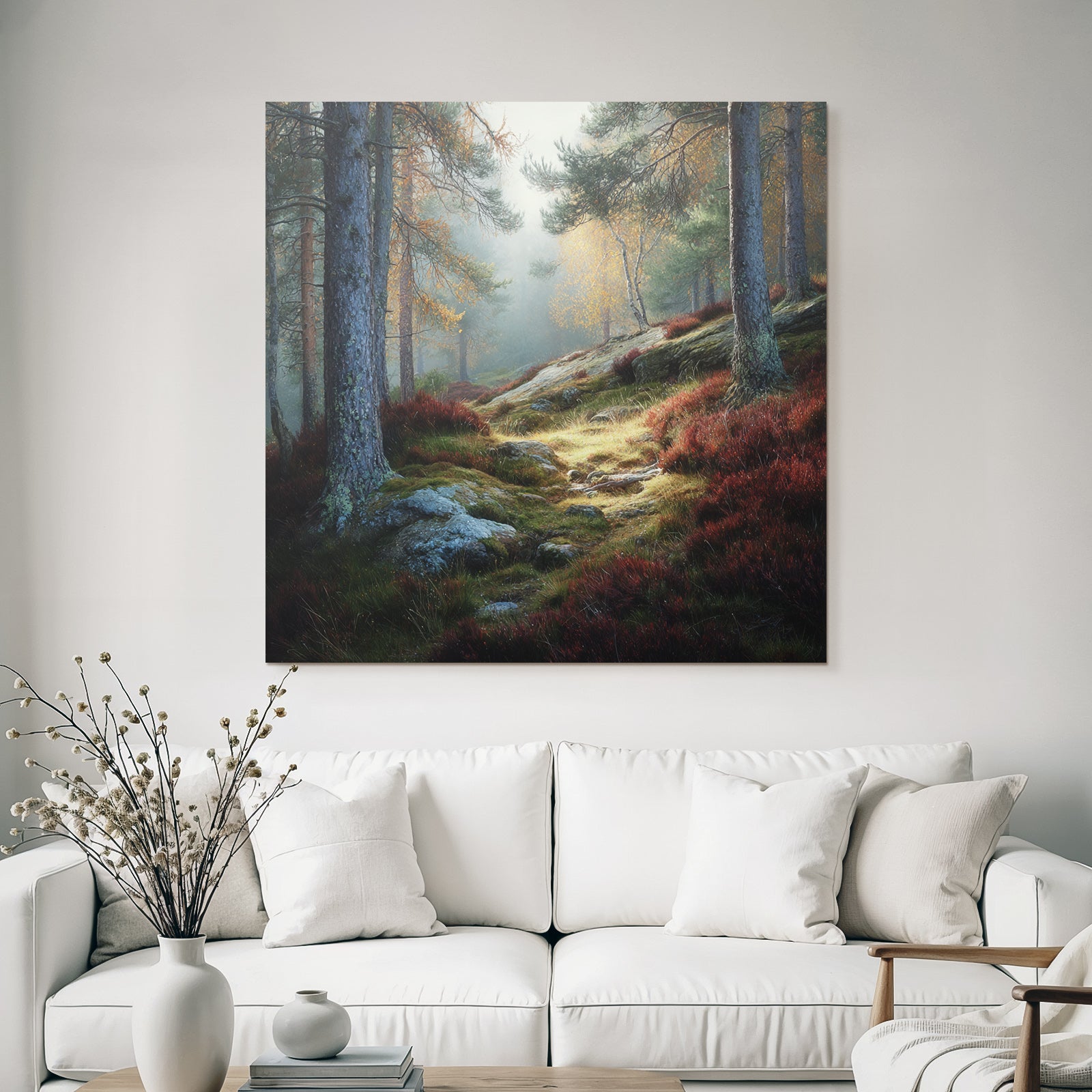 Forests and meadows. Peaceful forest landscape with autumn leaves and misty atmosphere.