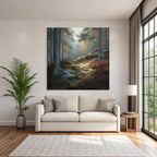 Forests and meadows. Peaceful forest landscape with autumn leaves and misty atmosphere.
