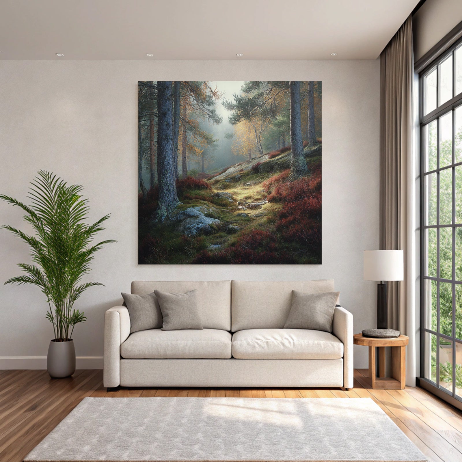 Forests and meadows. Peaceful forest landscape with autumn leaves and misty atmosphere.