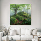 Forests and meadows Quiet forest path with nature and fog