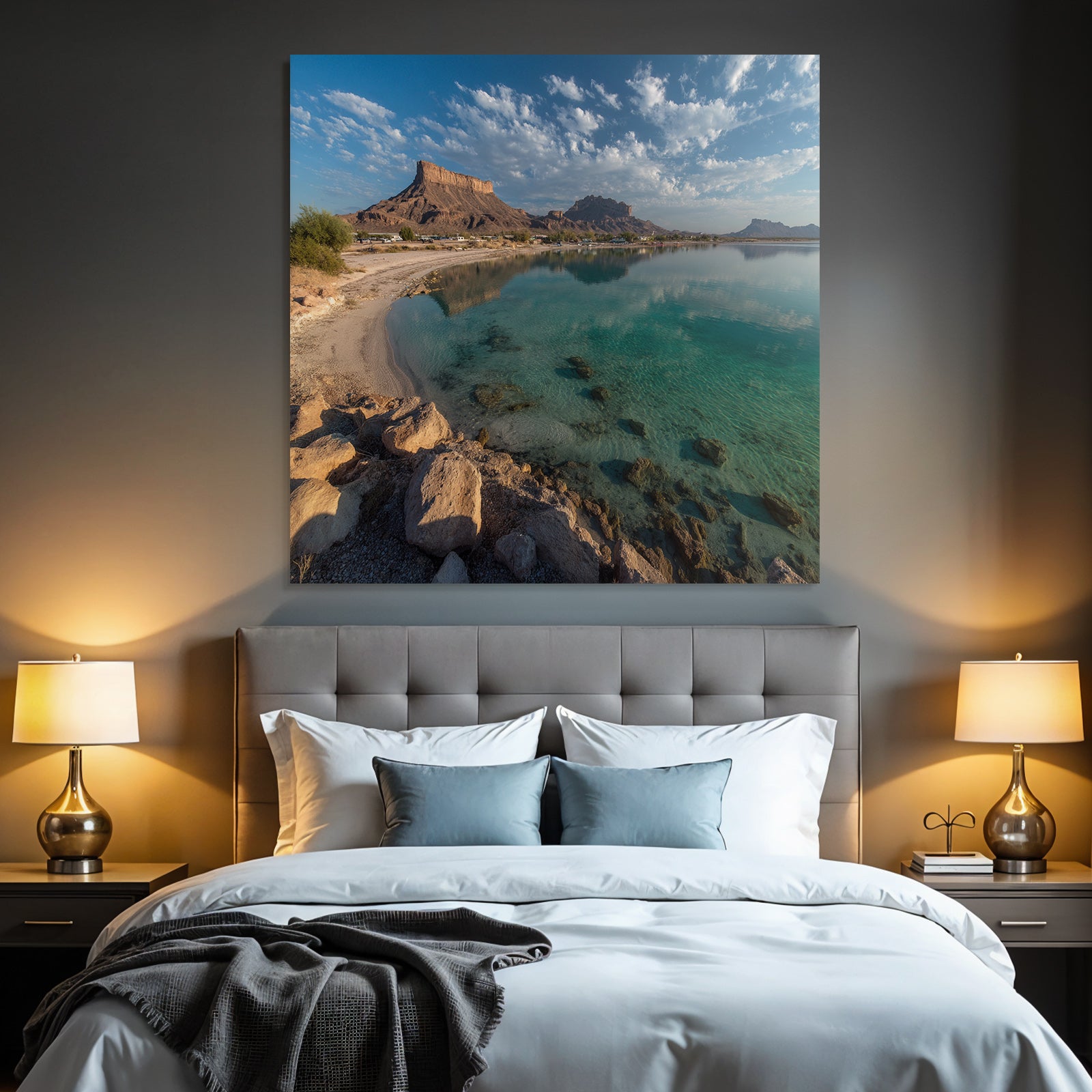 Forests and meadows, tranquil landscape with water, rocks and sandy beaches