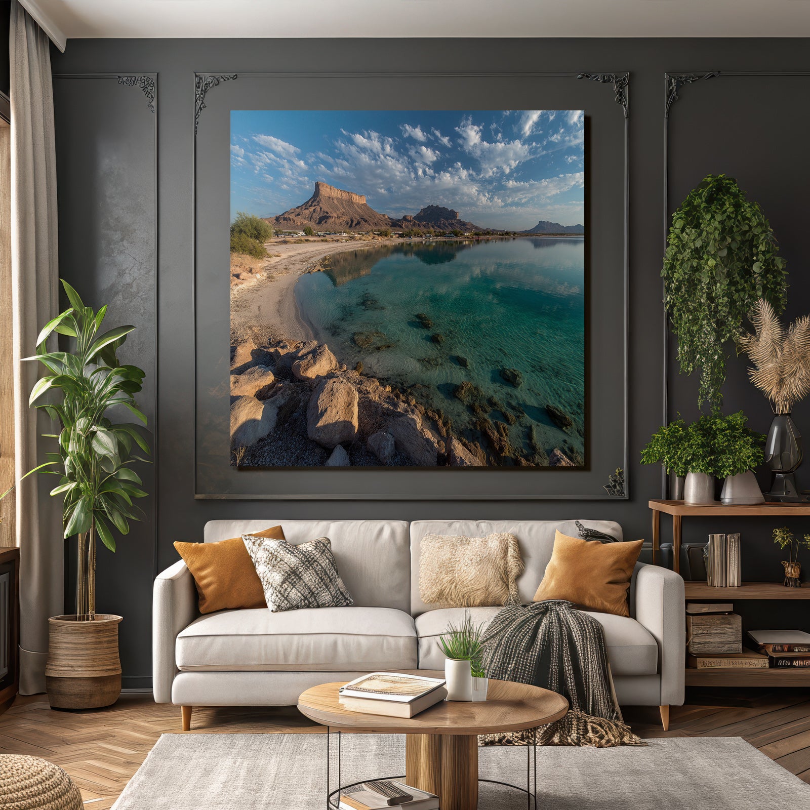 Forests and meadows, tranquil landscape with water, rocks and sandy beaches