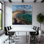 Forests and meadows, tranquil landscape with water, rocks and sandy beaches