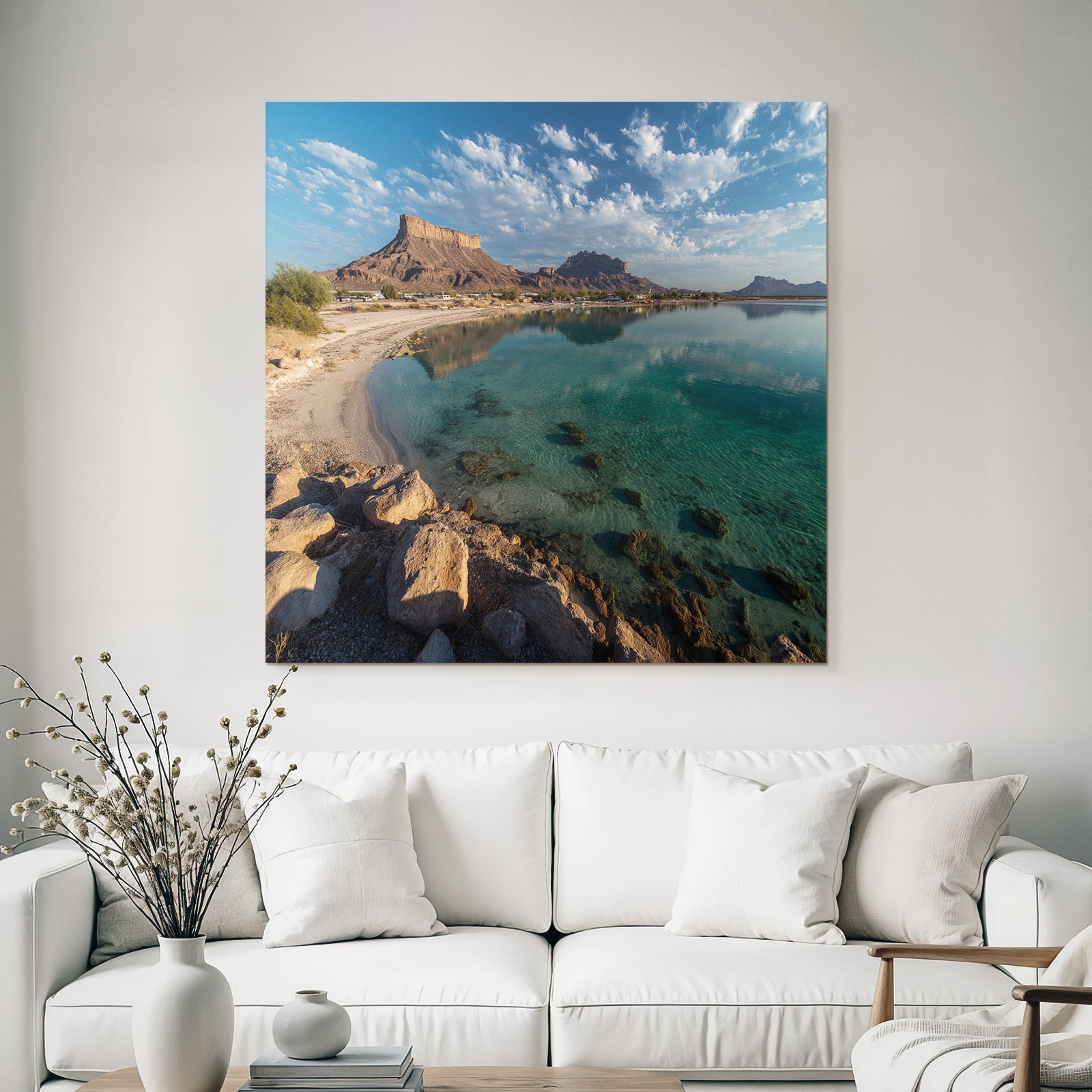 Forests and meadows, tranquil landscape with water, rocks and sandy beaches