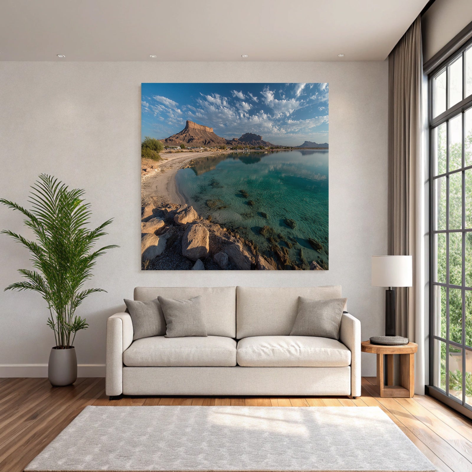 Forests and meadows, tranquil landscape with water, rocks and sandy beaches