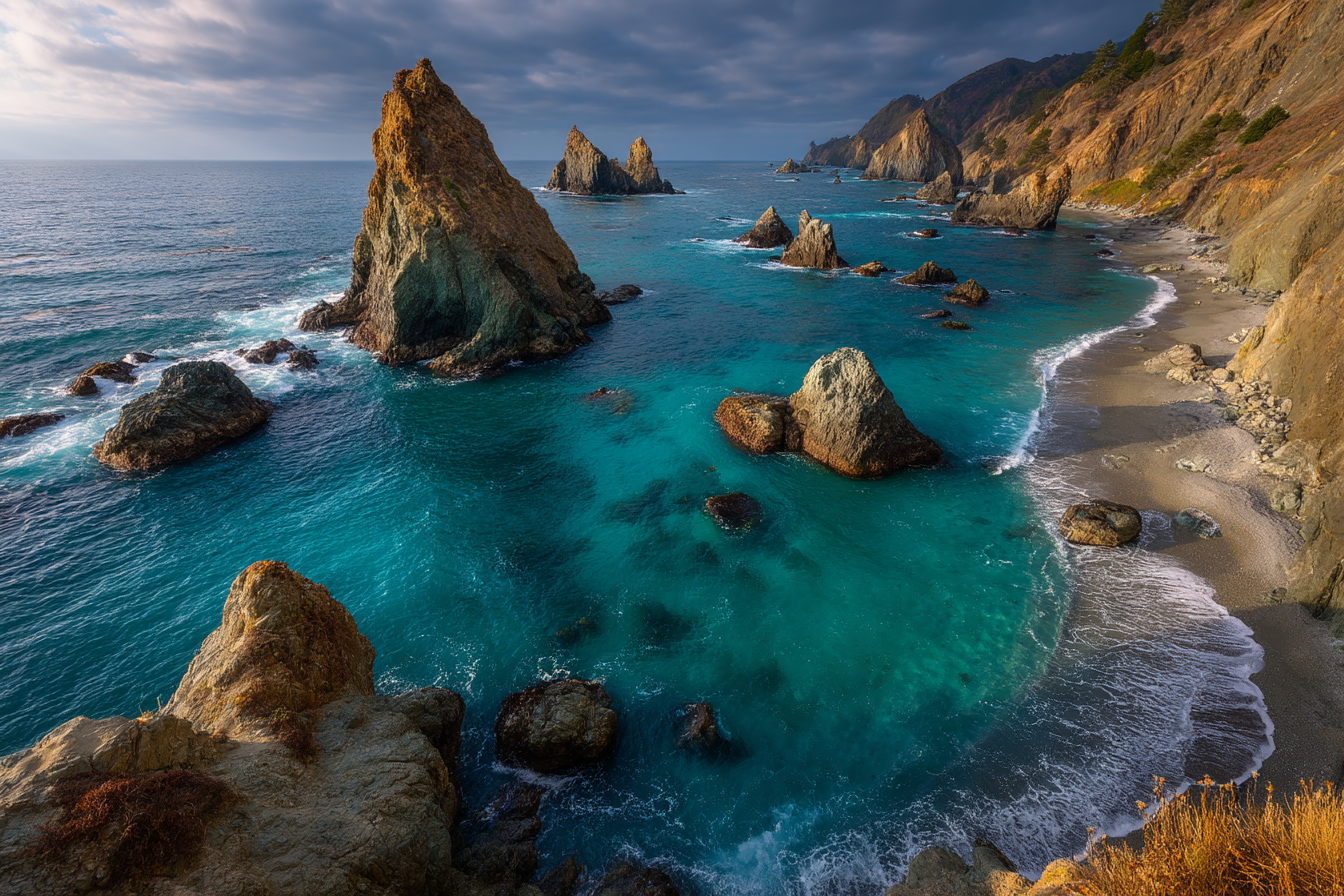 Wälder Und Wiesen Coastal Landscape Rocky Formations Vibrant Ocean Sandy Beach Lush Vegetation | Waelder und Wiesen | Landschaften