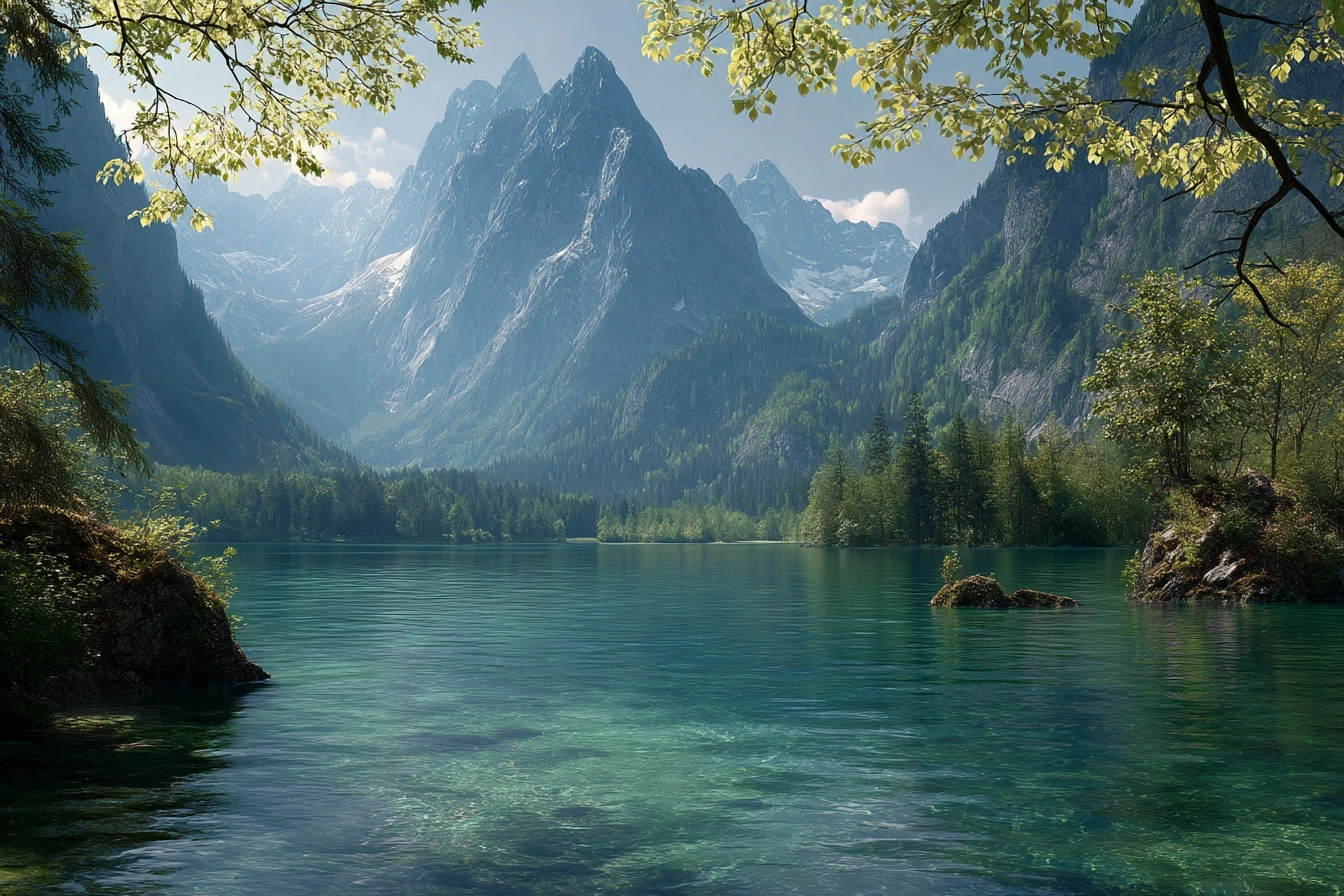 Wälder Und Wiesen Friedliche Landschaft Mit See Umgeben Von Grünen Bäumen Und Bergen | Waelder und Wiesen | Landschaften