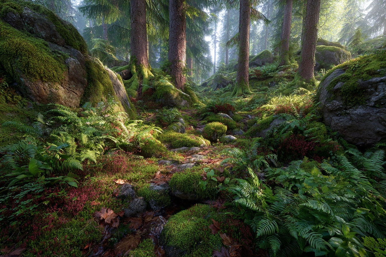 Wälder Und Wiesen Friedlicher Wald Mit Bäumen Und Moosbedeckten Steinen | Waelder und Wiesen | Landschaften
