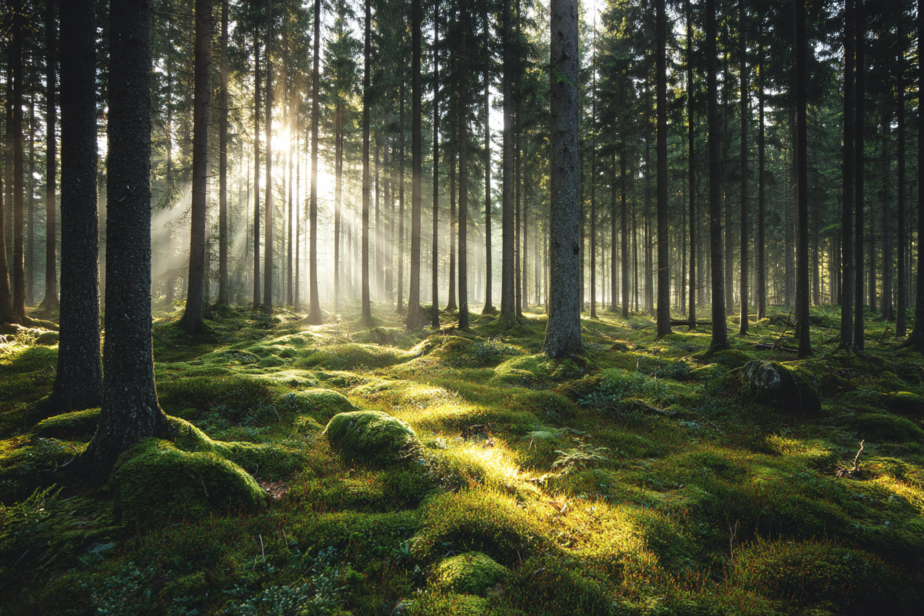 Wälder Und Wiesen Friedlicher Wald Mit Sonnenlicht Und Grünem Moos | Waelder und Wiesen | Landschaften