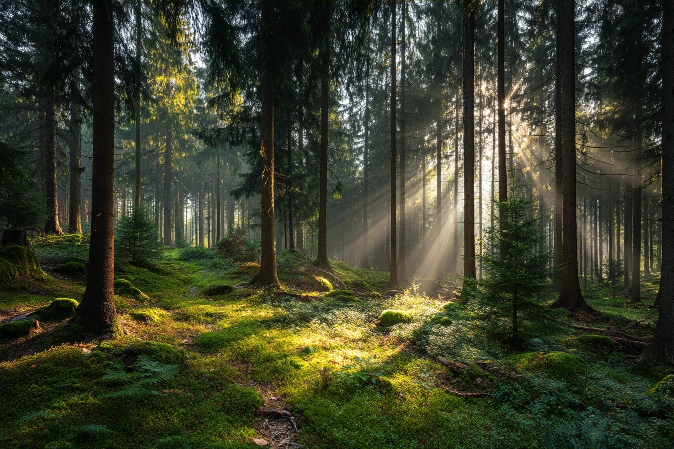 Wälder Und Wiesen Friedlicher Wald Mit Sonnenstrahlen Und Moos Bedecktem Boden | Waelder und Wiesen | Landschaften