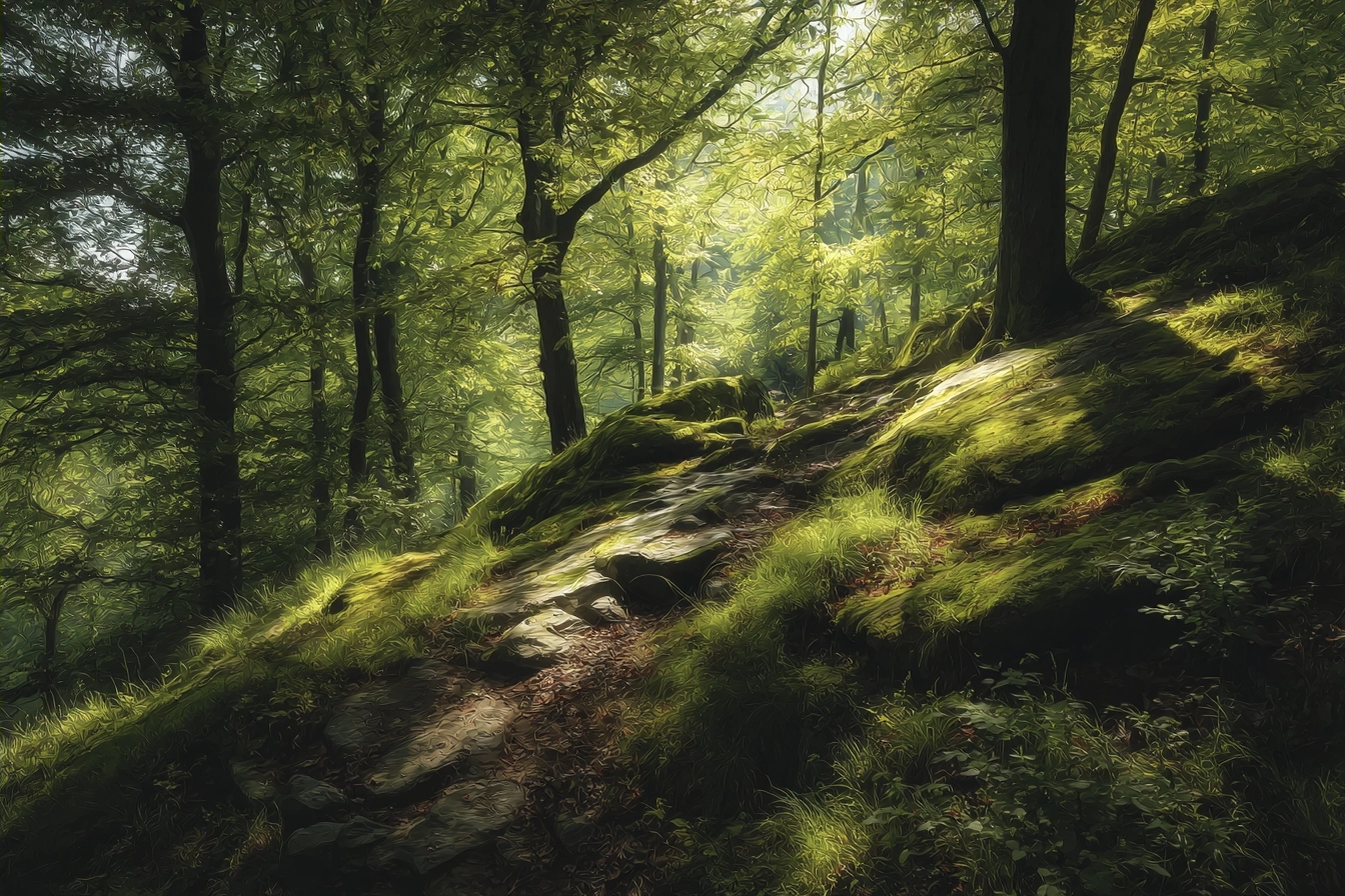 Wälder Und Wiesen Friedlicher Waldweg Mit Lichtdurchfluteten Bäumen | Waelder und Wiesen | Landschaften