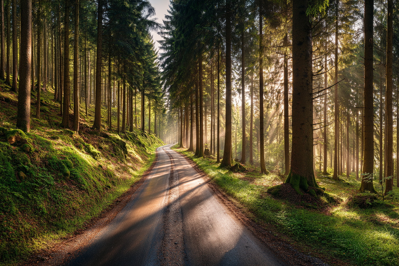 Wälder Und Wiesen Friedlicher Waldweg Mit Sonnenschein Und Moos Bedecktem Boden | Waelder und Wiesen | Landschaften