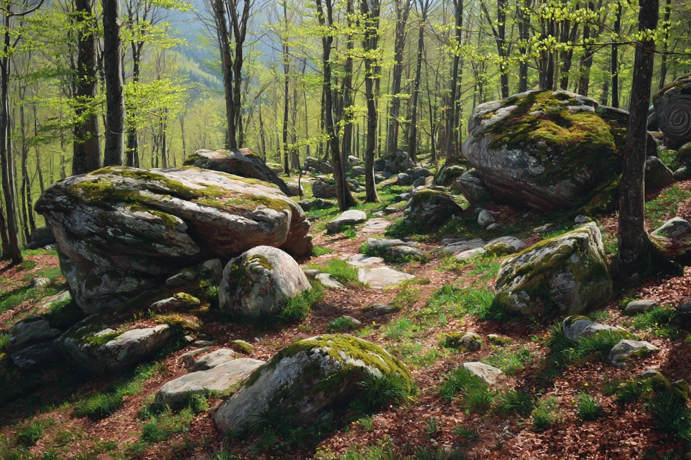 Wälder Und Wiesen Friedlicher Waldweg Mit Steinen Und Grünen Bäumen | Waelder und Wiesen | Landschaften