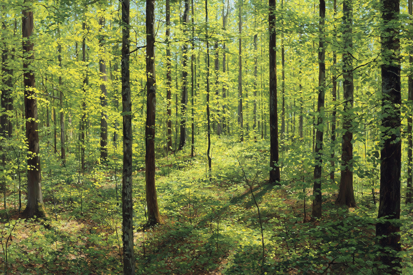Wälder Und Wiesen Lush Waldszene Mit Bäumen Und Grünem Beläd Bei Sonnenschein | Waelder und Wiesen | Landschaften