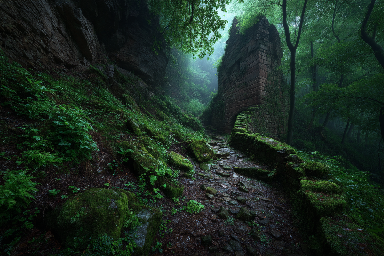 Wälder Und Wiesen Mistige Landschaft Steinweg Durch Den Wald Mit Ruinen Und Nebel | Waelder und Wiesen | Landschaften