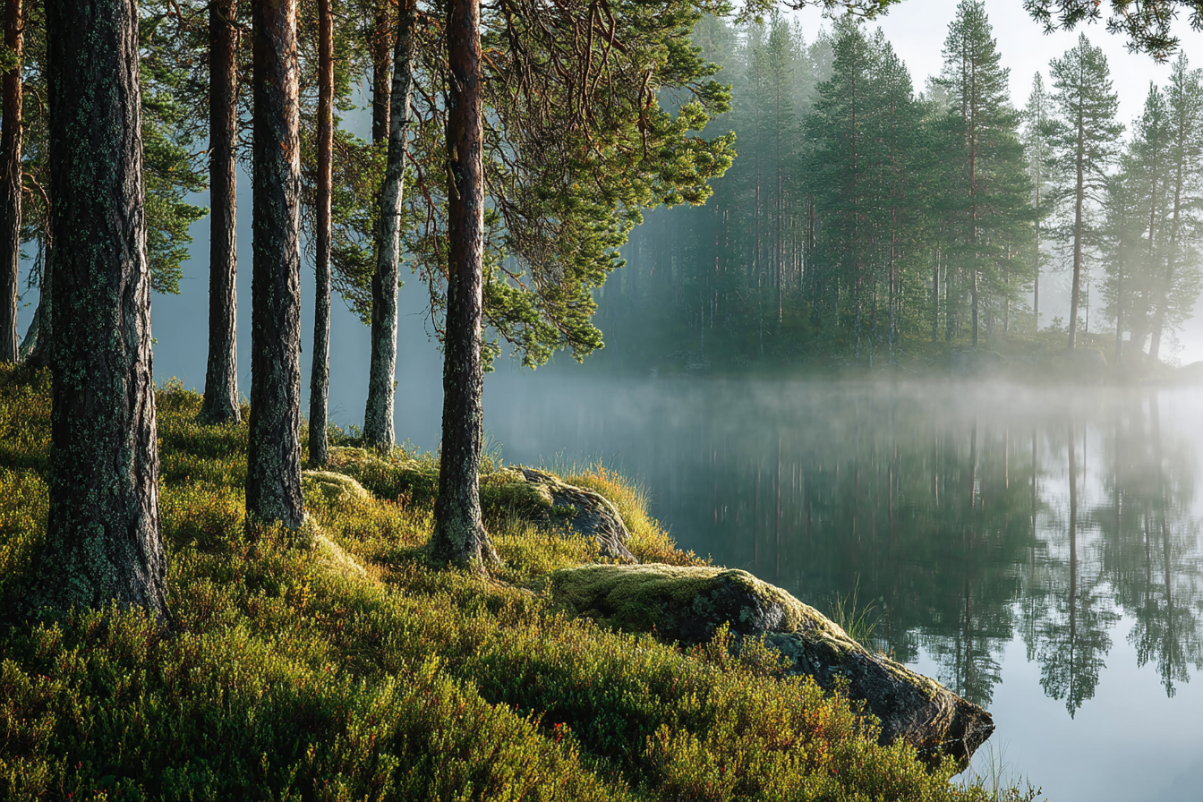 Wälder Und Wiesen Ruhige Natur Landschaft Mit See Bäumen Und Nebel | Waelder und Wiesen | Landschaften