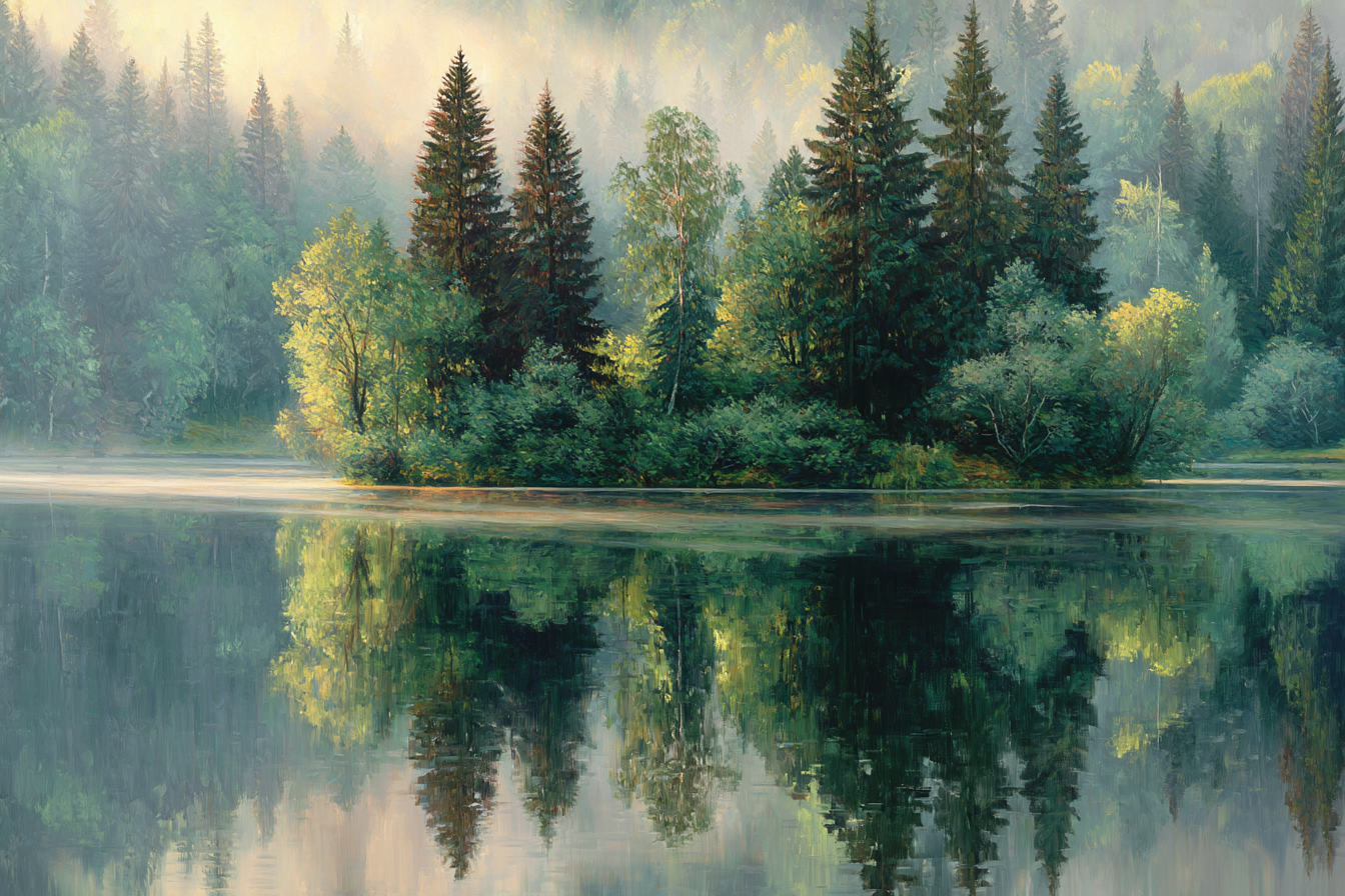 Wälder Und Wiesen Ruhige Natur Landschaft Spiegelung Der Bäume Mit Nebel Und Frieden | Waelder und Wiesen | Landschaften