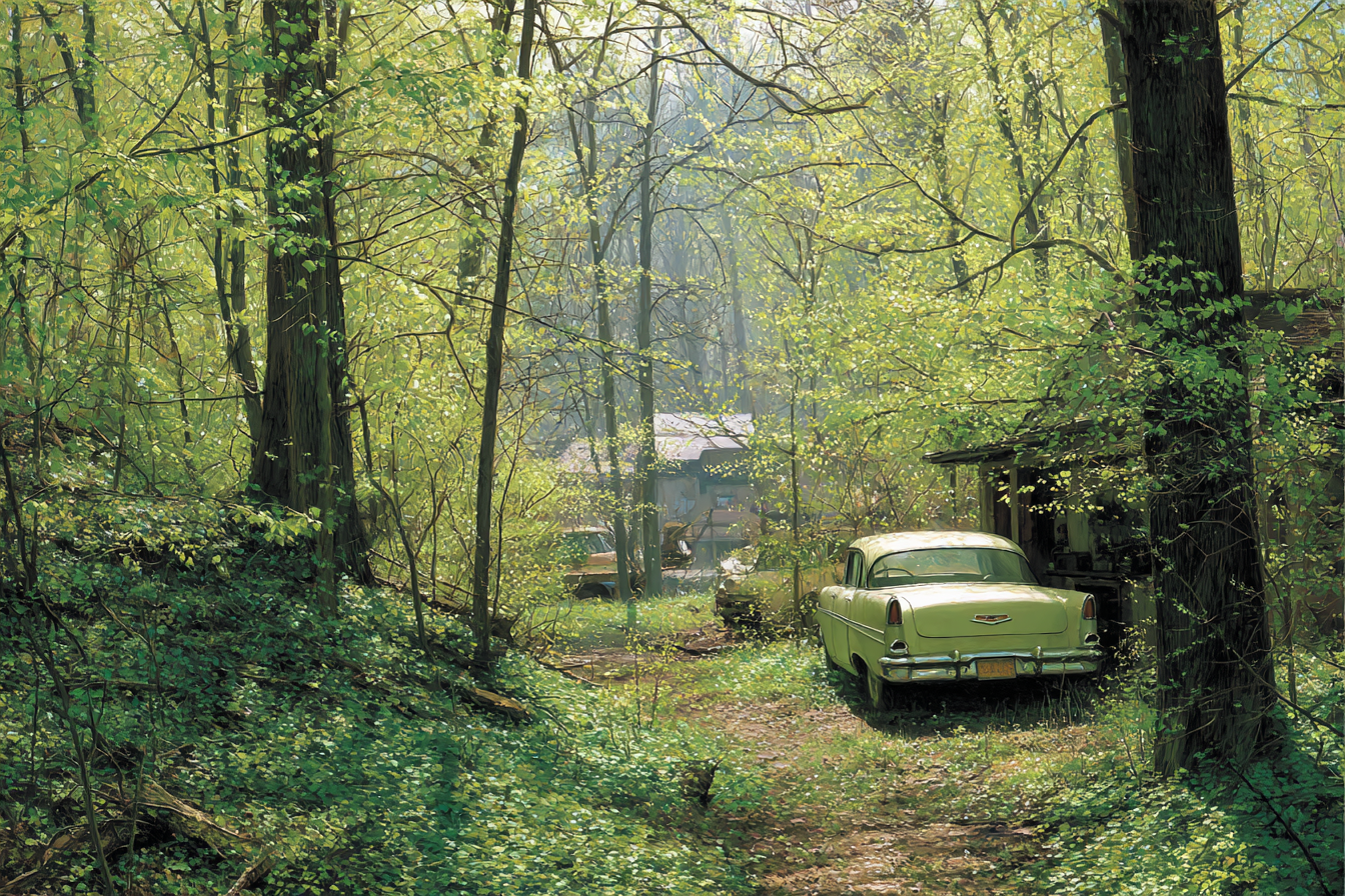 Wälder Und Wiesen Ruhige Naturszene Mit Vintage Autos Und Grünen Bäumen | Waelder und Wiesen | Landschaften
