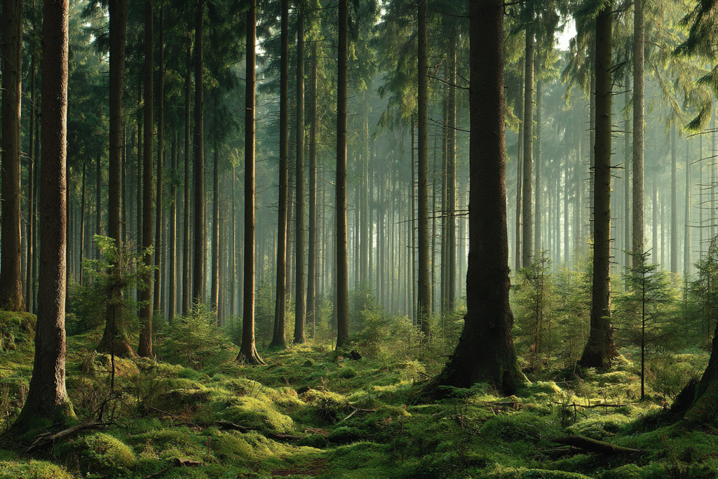 Wälder Und Wiesen Ruhiger Wald Mit Bäumen Grünem Moos Und Weichem Licht | Waelder und Wiesen | Landschaften