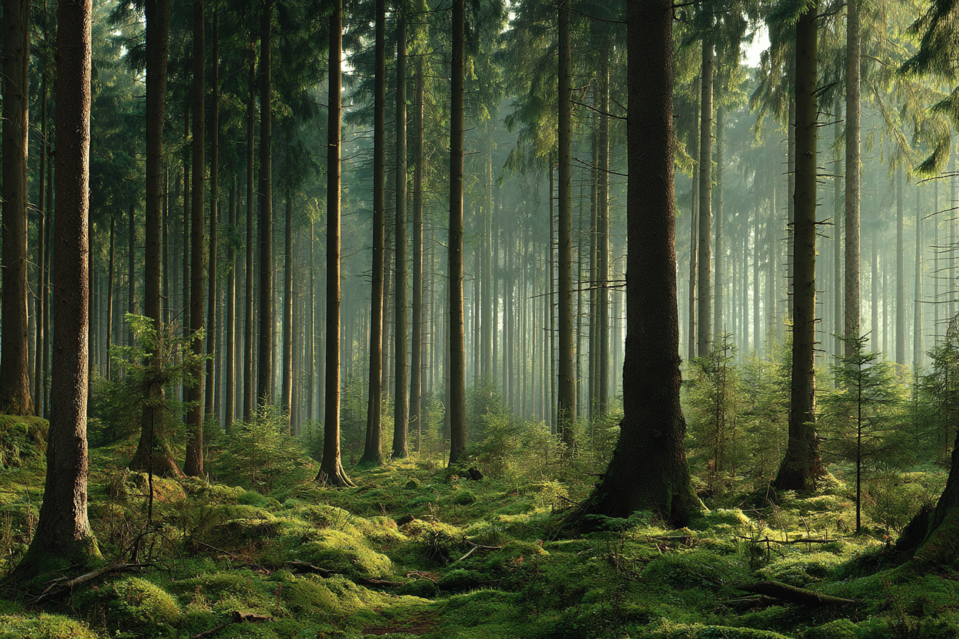 Wälder Und Wiesen Ruhiger Wald Mit Bäumen Grünem Moos Und Weichem Licht | Waelder und Wiesen | Landschaften
