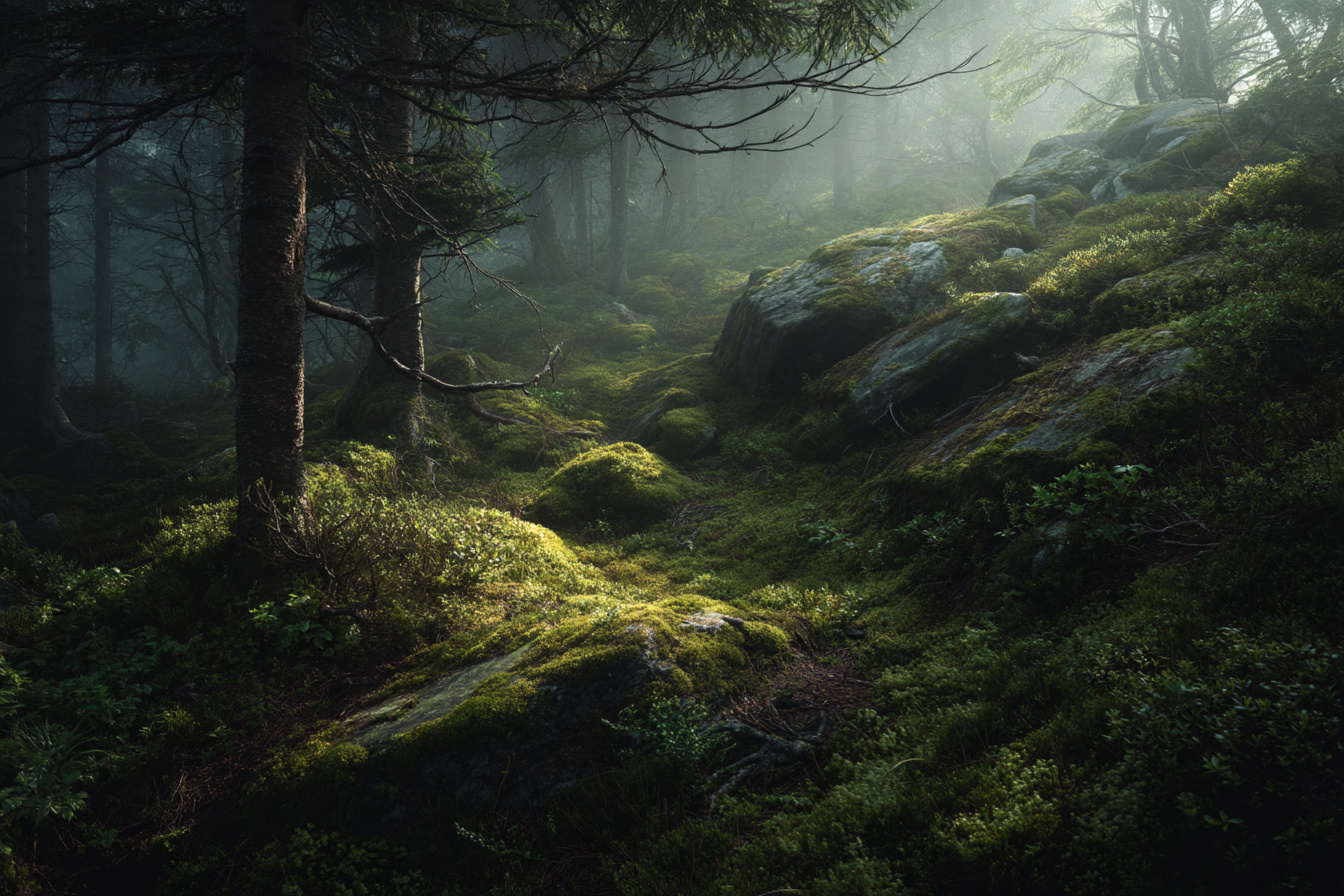 Wälder Und Wiesen Ruhiger Wald Mit Nebel Moos Bedeckter Boden Und Steine | Waelder und Wiesen | Landschaften