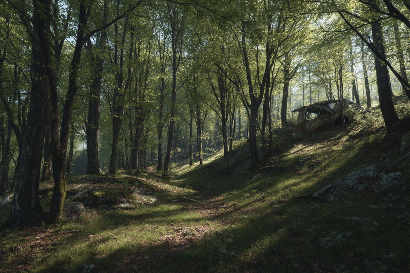 Wälder Und Wiesen Ruhiger Wald Mit Weg Und Altem Auto | Waelder und Wiesen | Landschaften