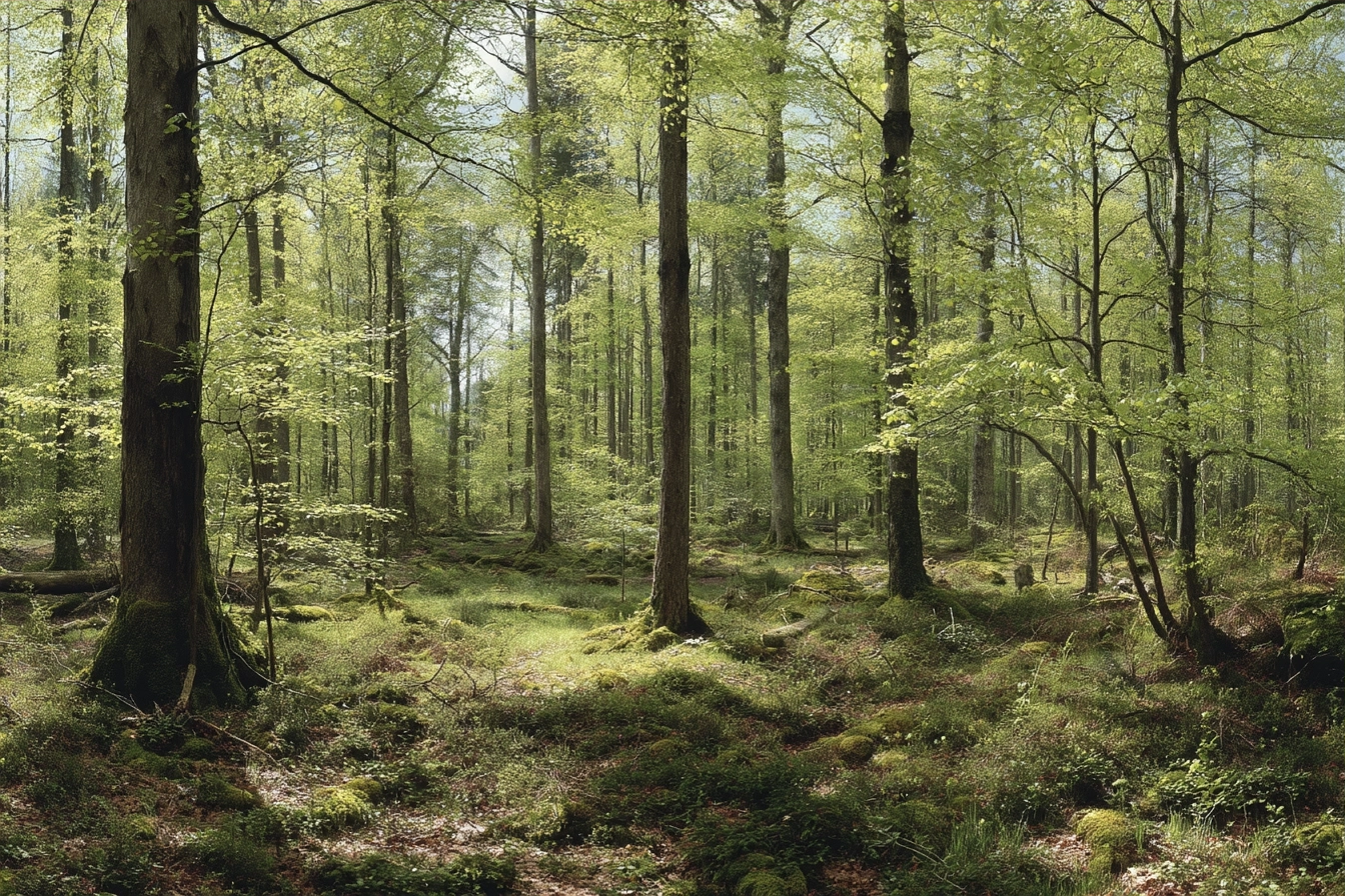Wälder Und Wiesen Ruhiger Wald Szene Mit Grünen Bäumen Und Moos Udnerwuchs | Waelder und Wiesen | Landschaften