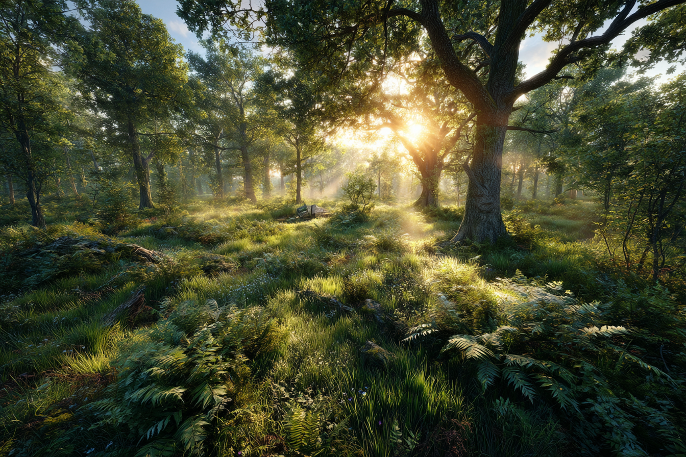 Wälder Und Wiesen Ruhiger Wald Szenen Mit Sonnenlicht Und Grüner Vegetation | Waelder und Wiesen | Landschaften