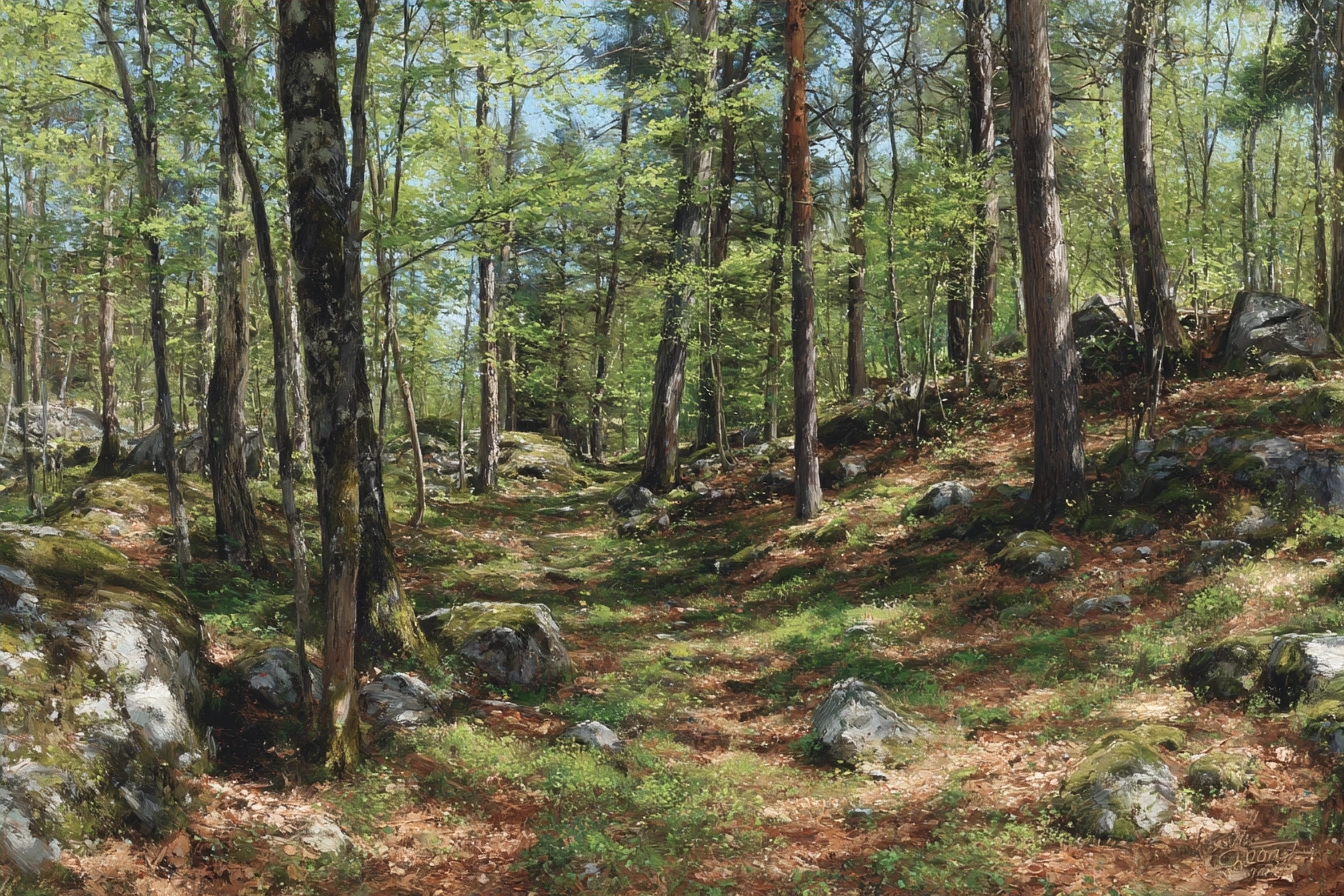 Wälder Und Wiesen Ruhiger Waldweg Mit Bäumen Und Steinernem Grund In Einer Luxuriösen Umgebung | Waelder und Wiesen | Landschaften