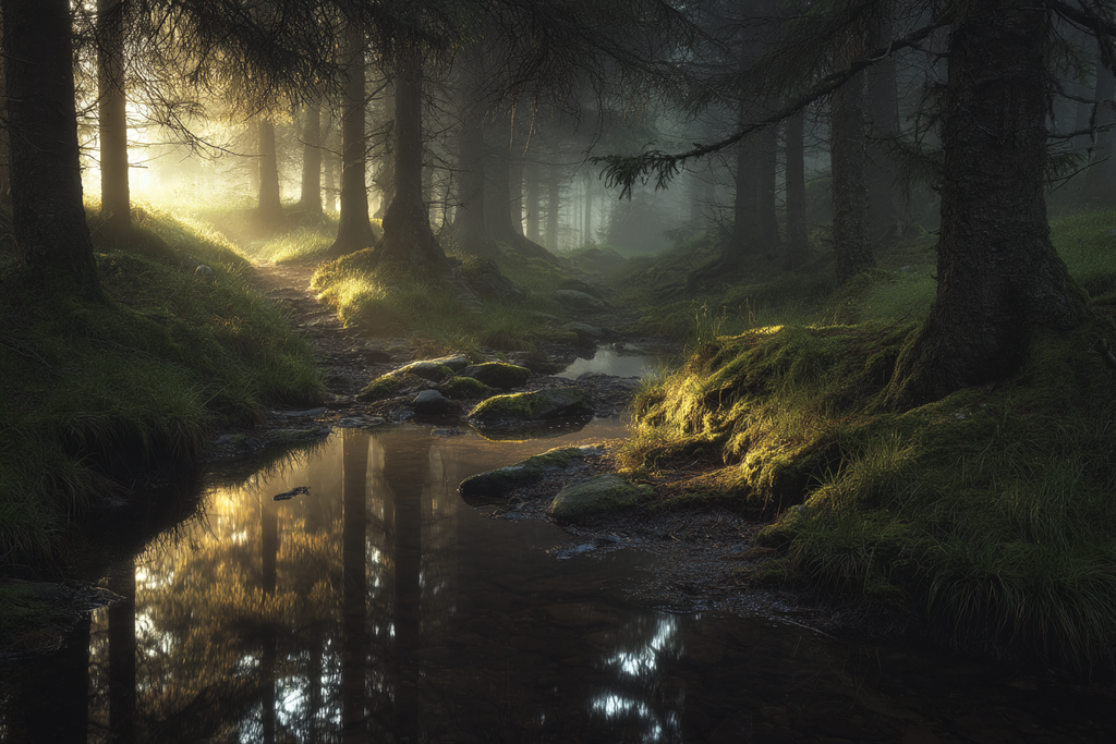 Wälder Und Wiesen Ruhiger Waldweg Mit Baumern Und Stream Im Morgengraün | Waelder und Wiesen | Landschaften