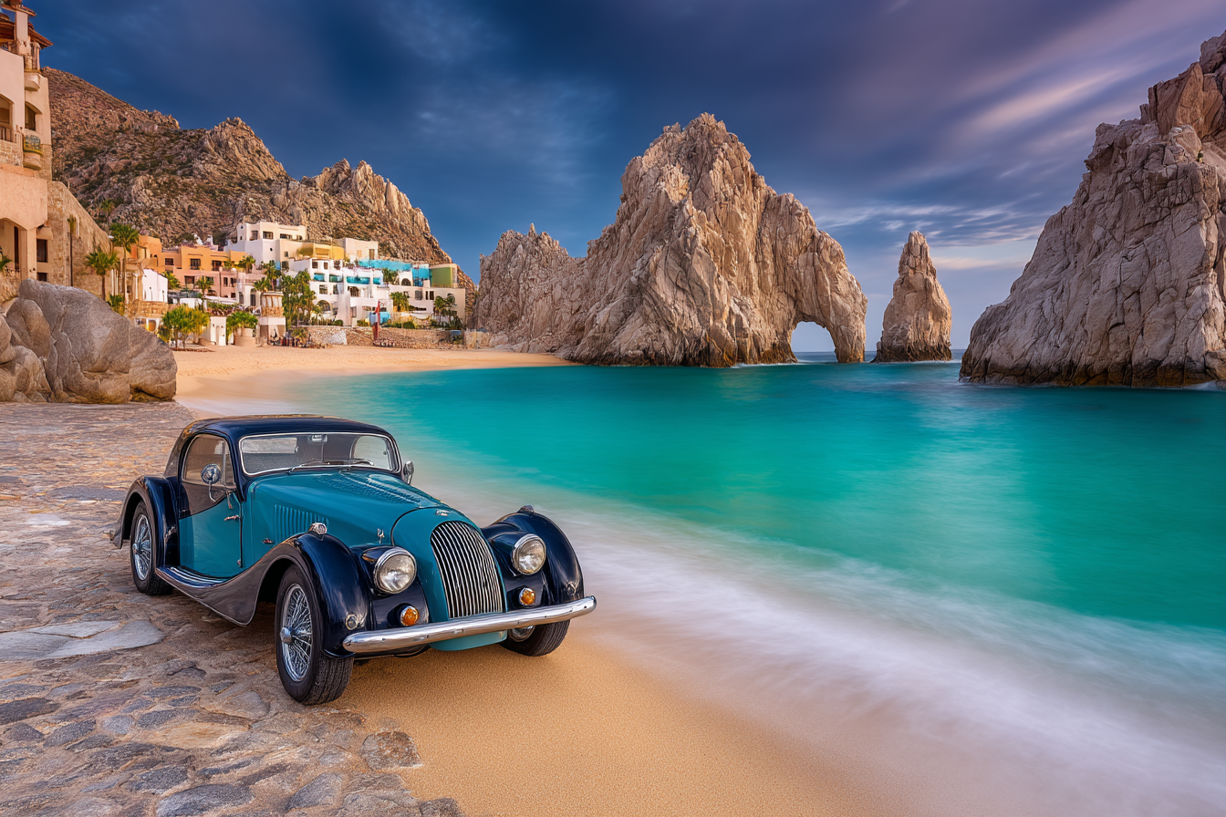 Wälder Und Wiesen Schöne Strand Szene Vintage Auto Türkis Wasser Rocky Background | Waelder und Wiesen | Landschaften