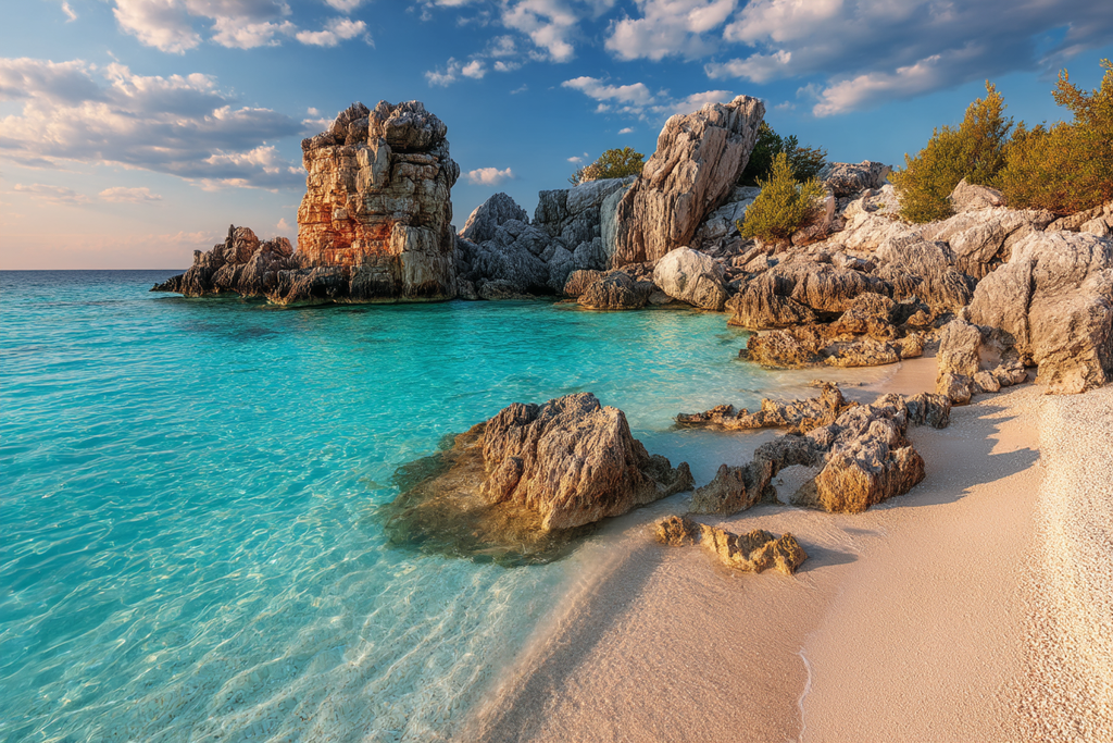 Wälder Und Wiesen Tropischer Strand Mit Klaren Wassern Und Felsen Unter Blaüm Himmel | Waelder und Wiesen | Landschaften