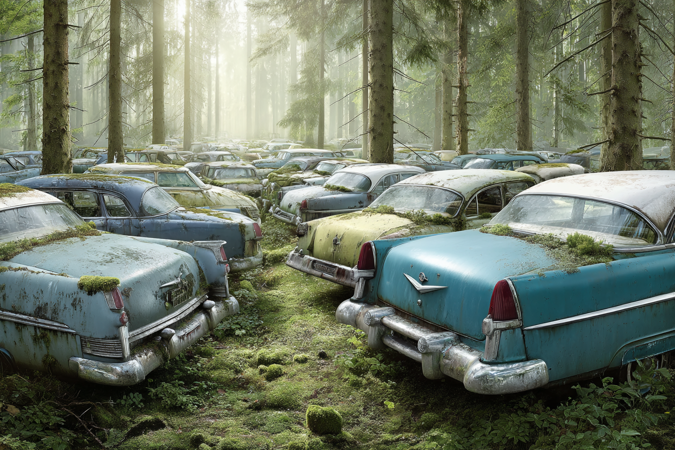 Wälder Und Wiesen Verlassene Vintage Autos Im Wald Mit Moos Und Bäumen | Waelder und Wiesen | Landschaften