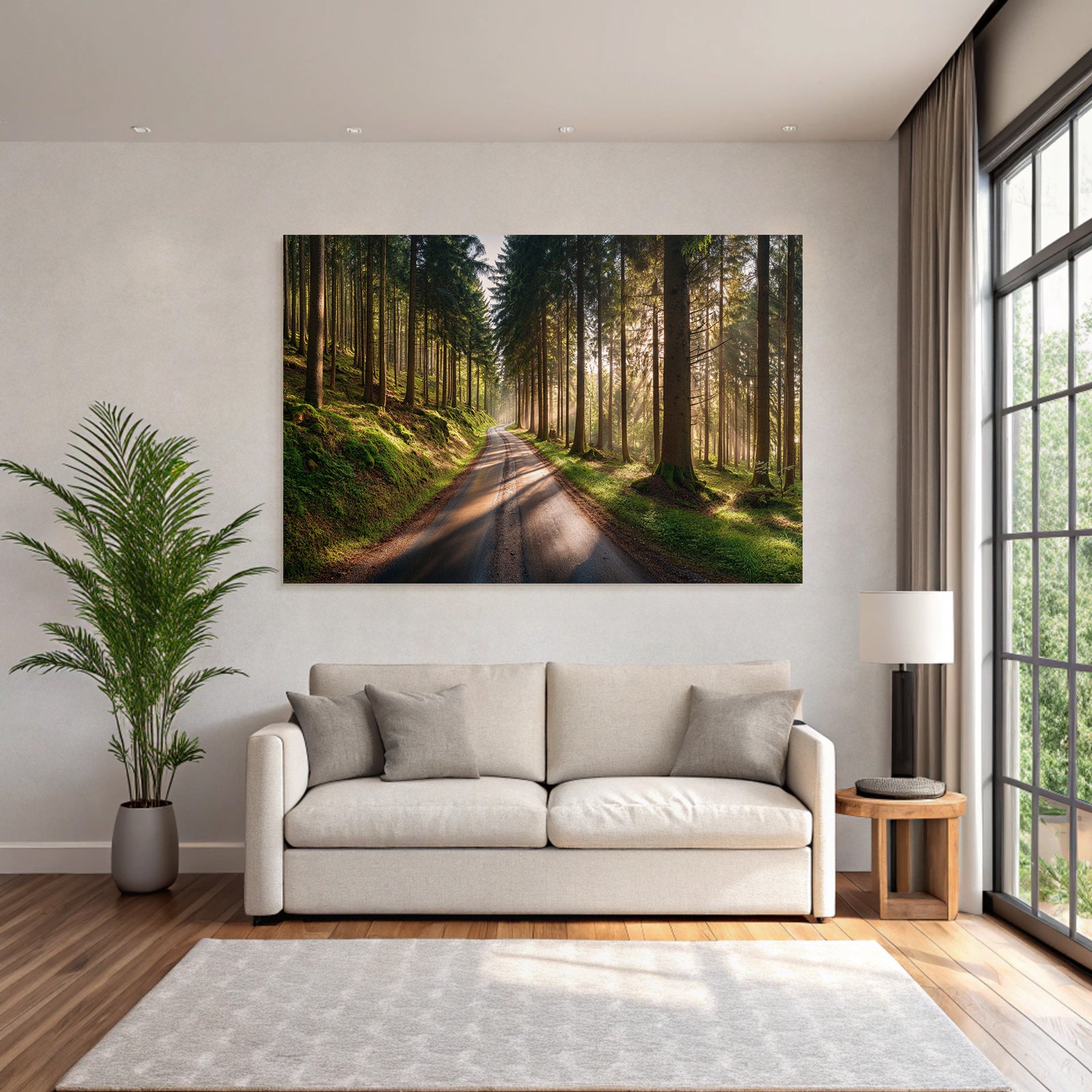 Forests and meadows Peaceful forest path with sunshine and moss-covered ground