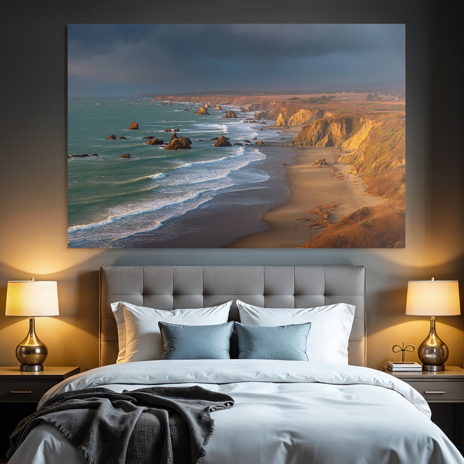Forests and meadows coastal landscape with cliffs and rock formations at sunset