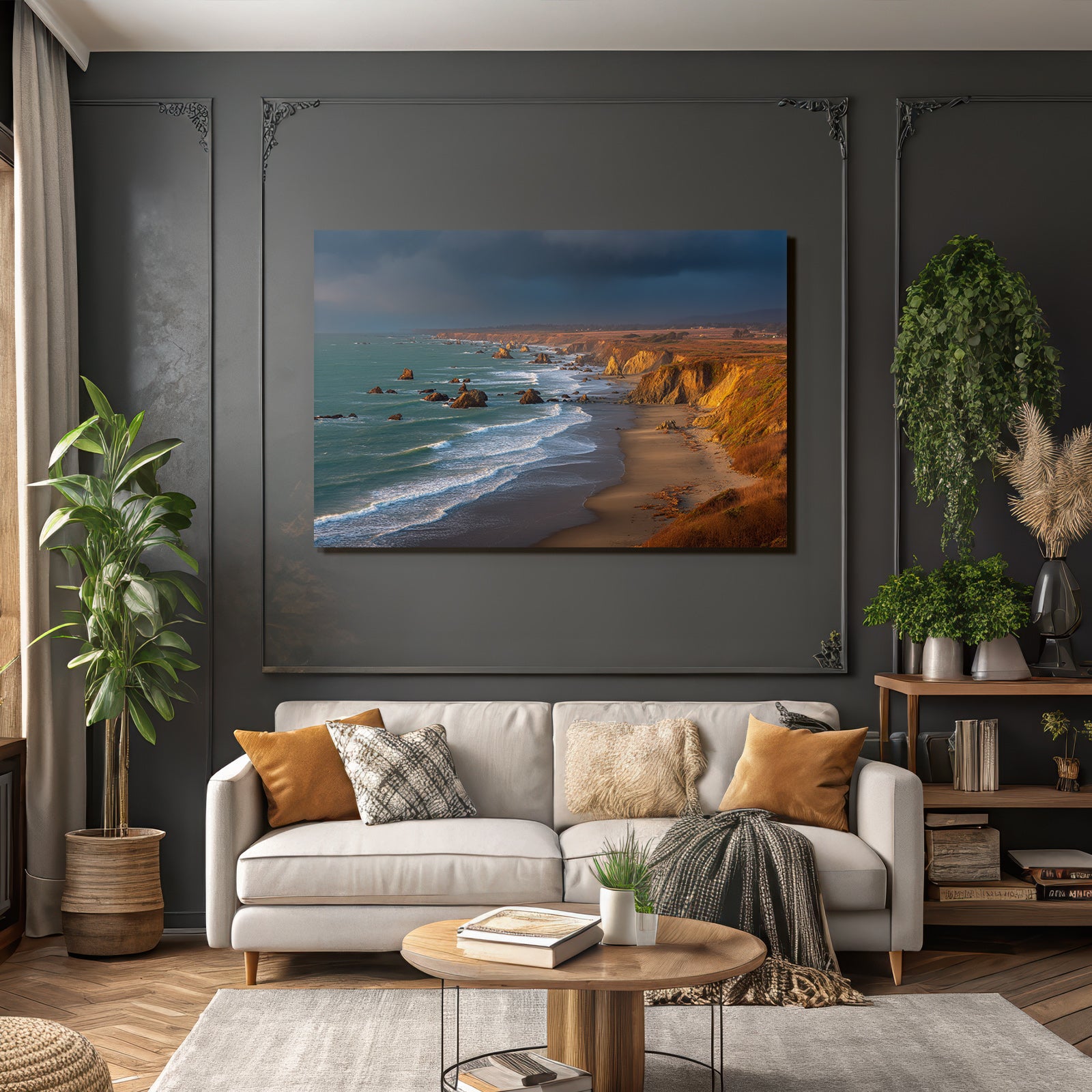Forests and meadows coastal landscape with cliffs and rock formations at sunset