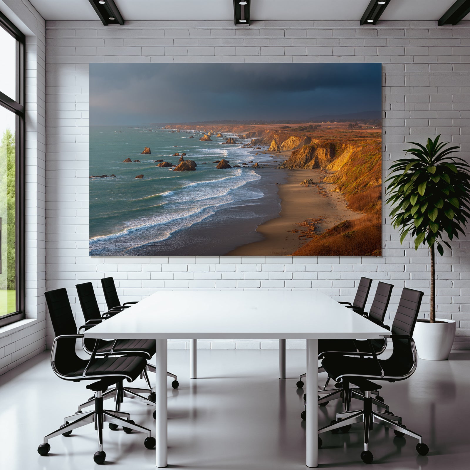 Forests and meadows coastal landscape with cliffs and rock formations at sunset
