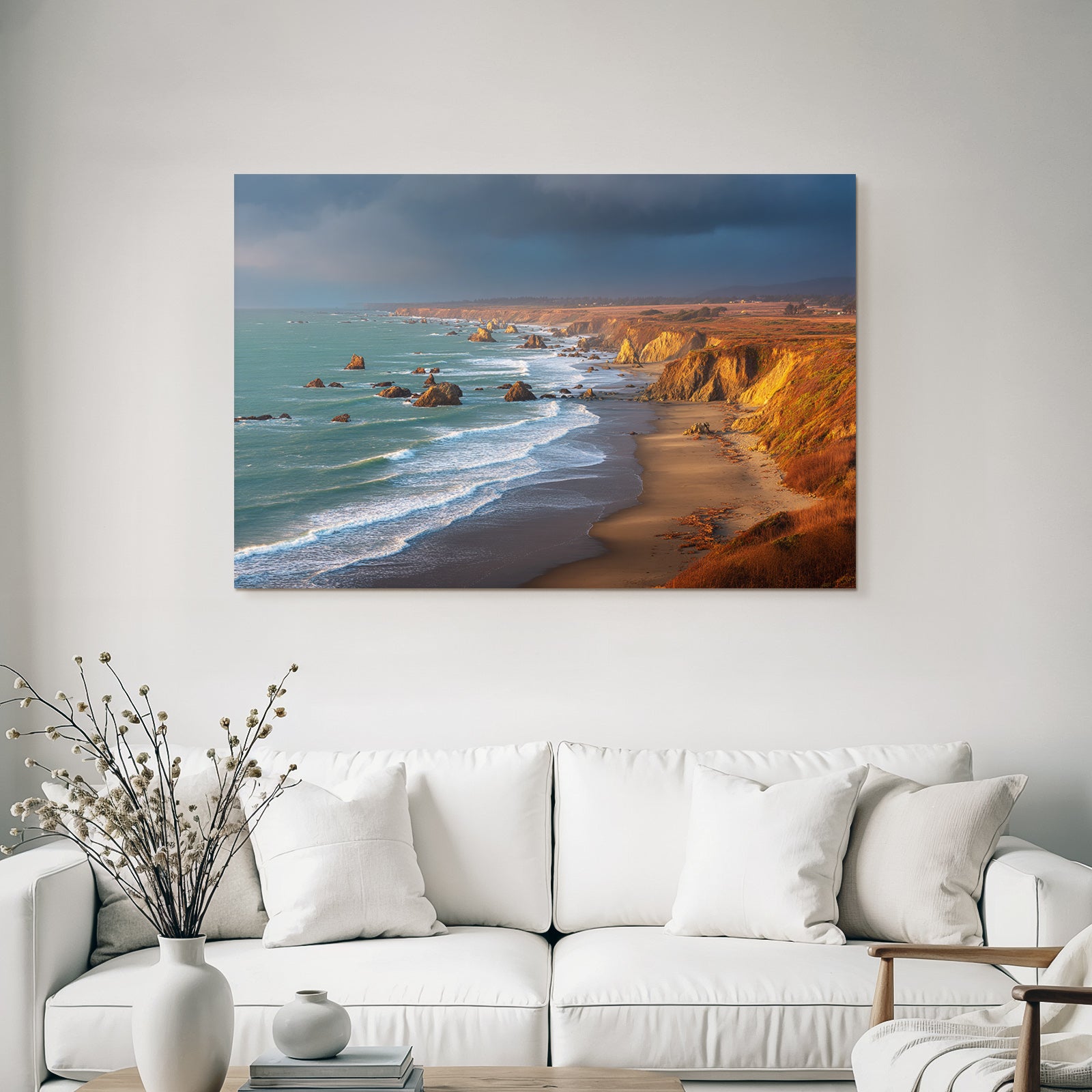 Forests and meadows coastal landscape with cliffs and rock formations at sunset